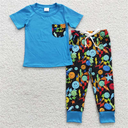 smiley face boys outfits shirt & pants 2 pieces sets kids clothes