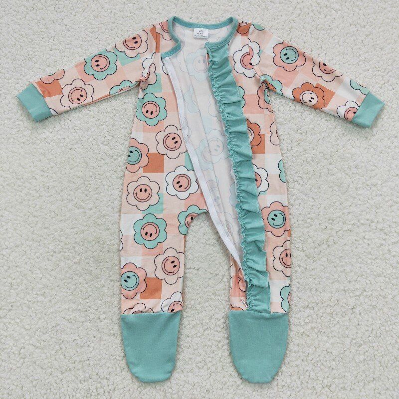 smiley face flower Zip Sleeper romper with feet jumpsuit baby clothes