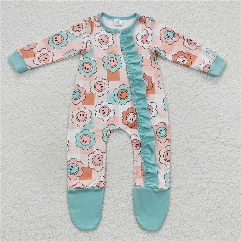 smiley face flower Zip Sleeper romper with feet jumpsuit baby clothes