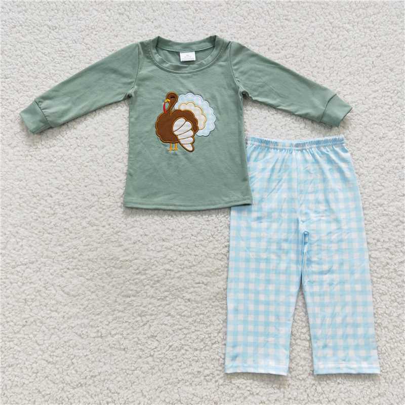 embroidery Thanksgiving turkey boys sets long sleeve top & pants 2 pieces outfits