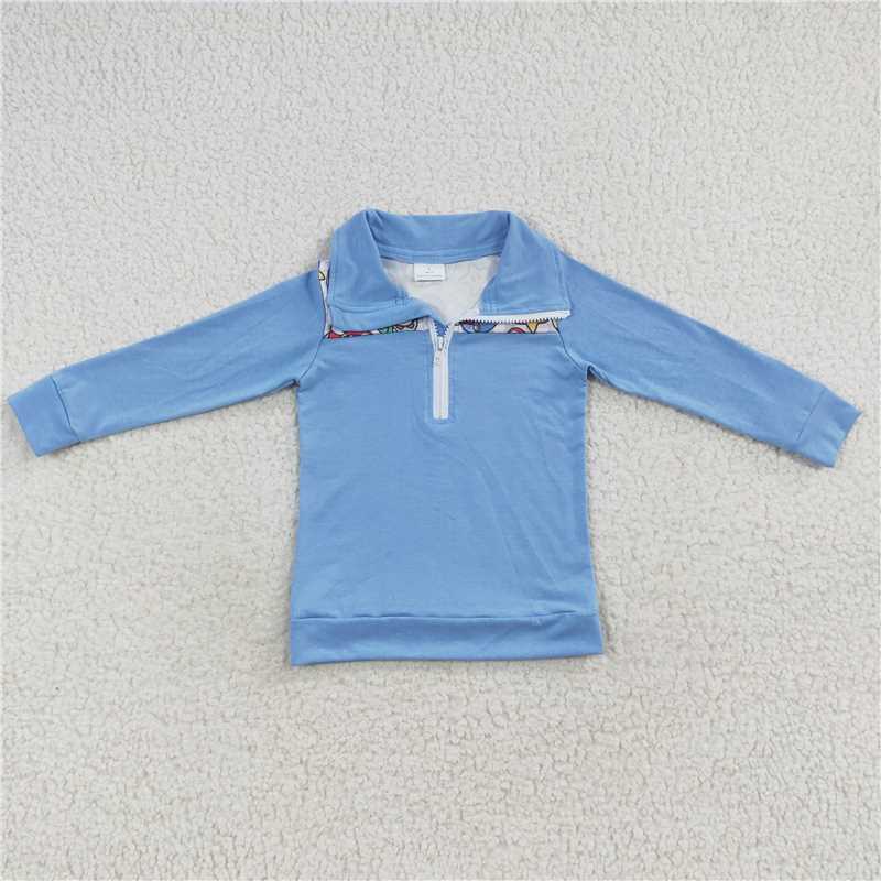 BT0265 Cartoon Mario dinosaur light blue zipper long-sleeved top