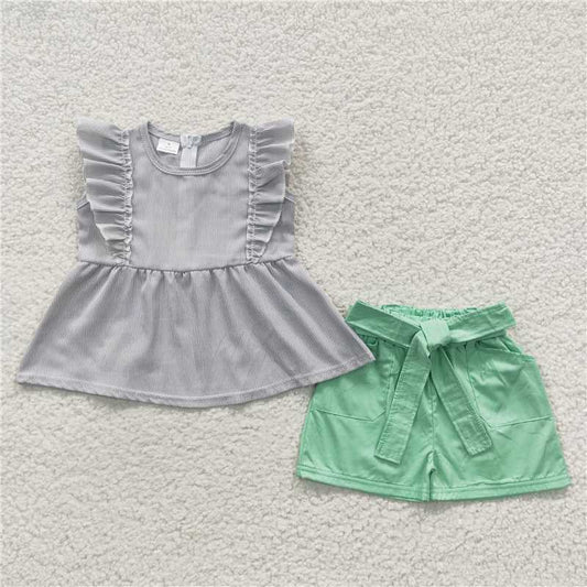 girls outfits tops & green shorts sets summer kids clothes