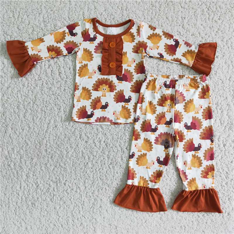 Thanksgiving Turkey pajamas girls long sleeve pants 2 pieces outfits