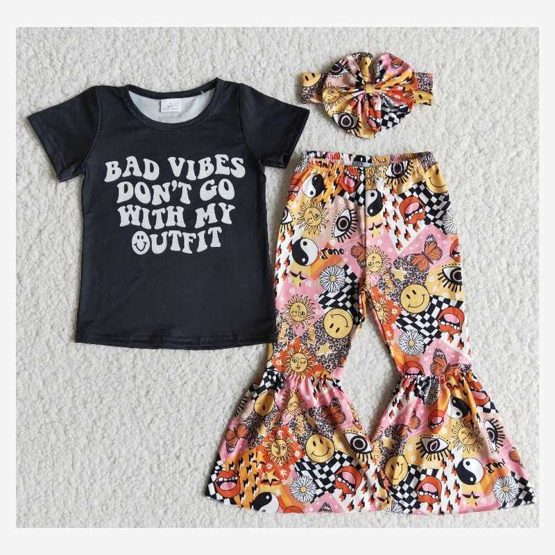 hippie smiley face girls t-shirt & bell pants sets bad vives don't go with my outfit