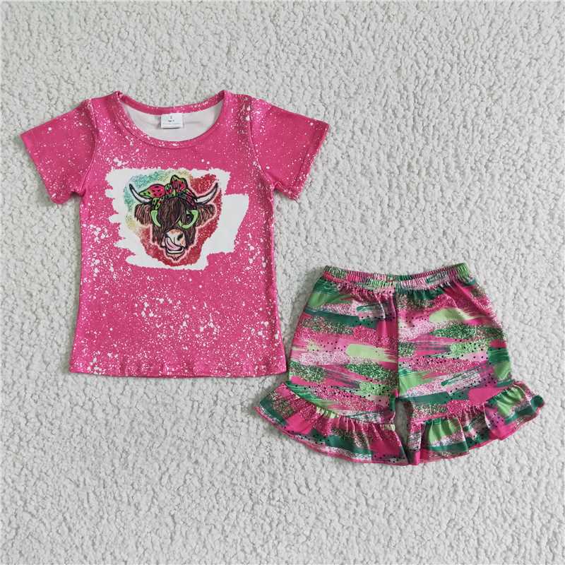 girls outfits tops & highland cow watermelon shorts sets summer kids clothes