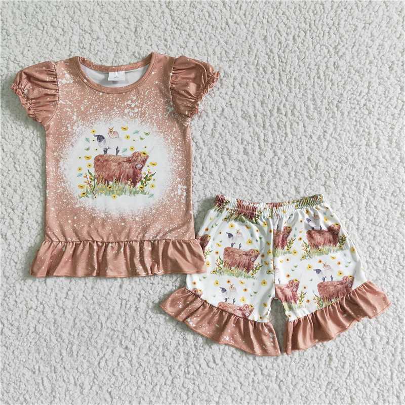 highland cow girls outfits tops & leopard shorts sets summer kids clothes