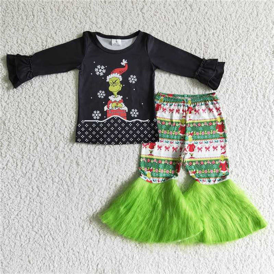 Christmas girls outfits shirt fuzzy bell 2 pieces grinch kids clothes