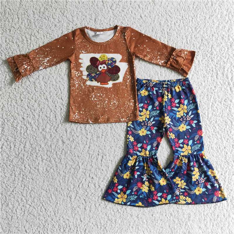 Thanksgiving turkey girls sets long sleeve top & pants 2 pieces outfits