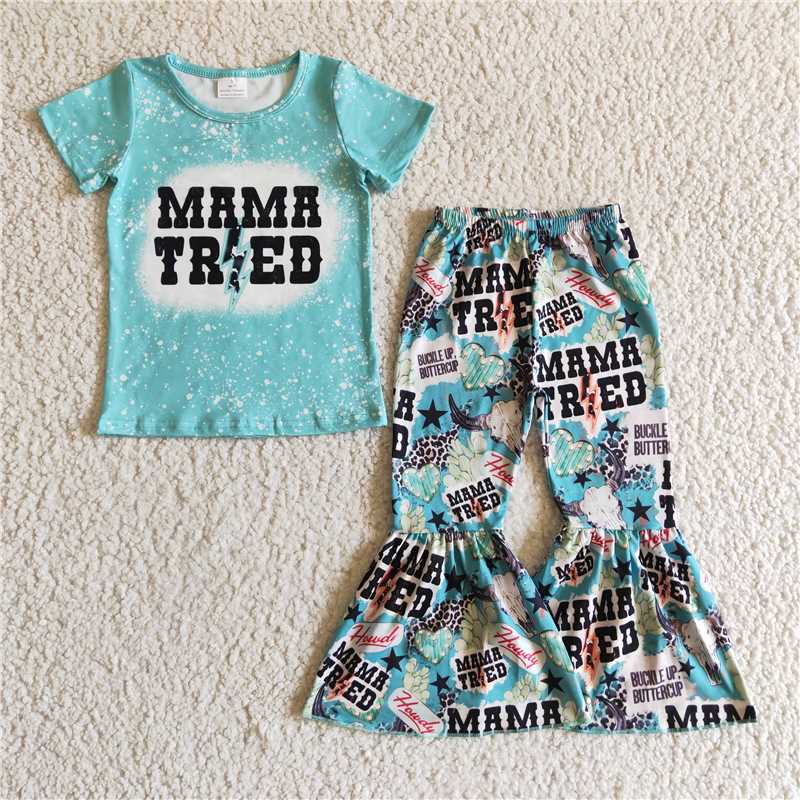 GSPO0211 Girls MAMA TRIED blue short-sleeved trousers set