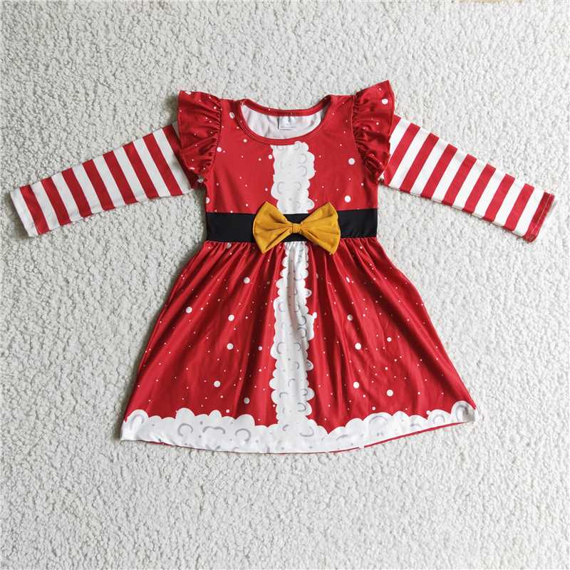 GLD0146 Girls Christmas red snow bow long-sleeved dress