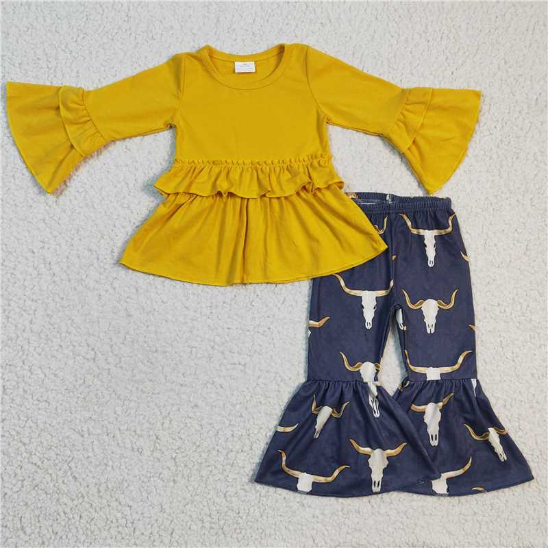 GLP0368 Girls' yellow bull head long-sleeved trousers suit