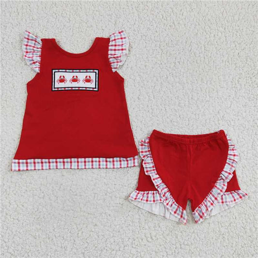 summer girls outfits embroidered Crab t-shirt & shorts kids clothes