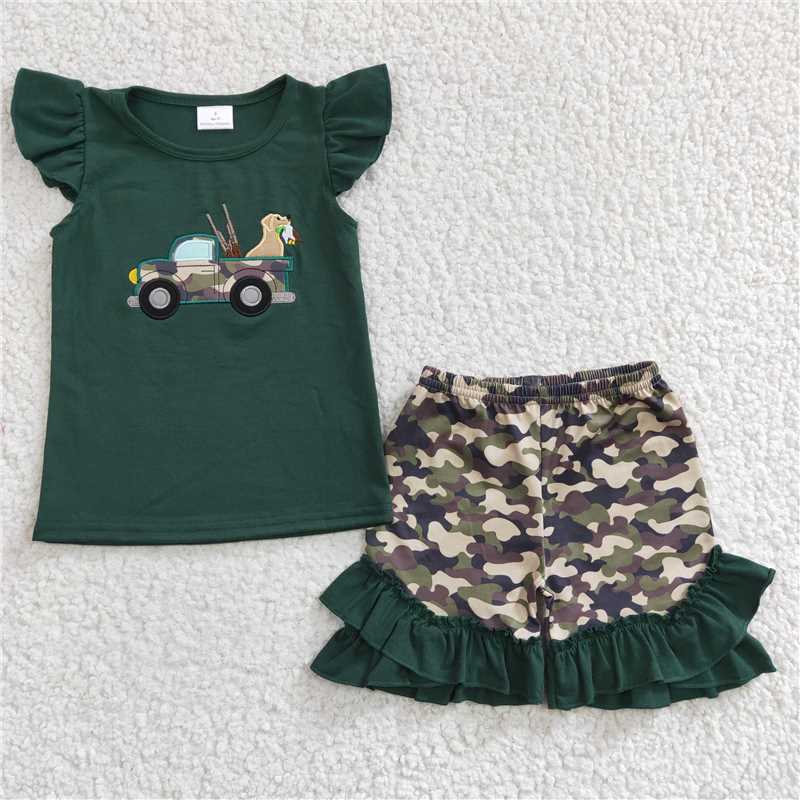 summer girls outfits embroidered dogs t-shirt & camo shorts kids clothes