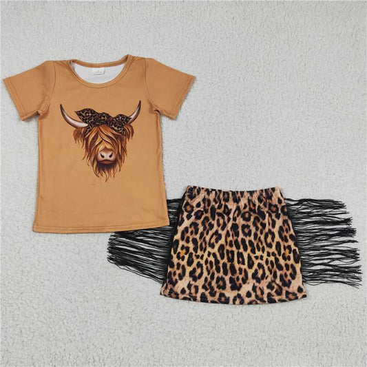 cow t-shirt & tassel leopard dress girls outfits half skirt suits kids clothes