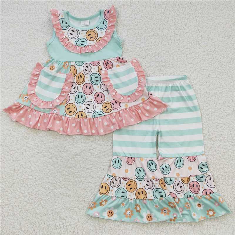 hippie smiley face girls pocket dress & bell pants sets kids clothes