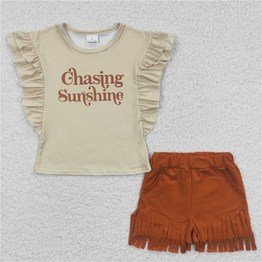 girls outfits chasing sunshie t-shirt & tassel shorts sets summer kids clothes