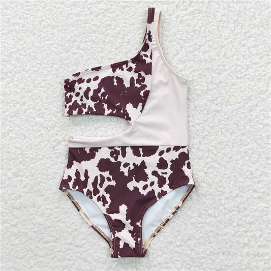 S0129 Girl's ink pattern brown one-piece swimsuit