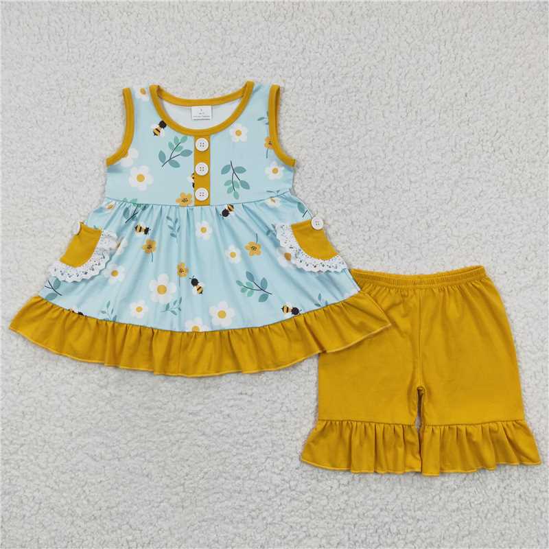 girls outfits floral tops & shorts sets with pockets summer kids clothes