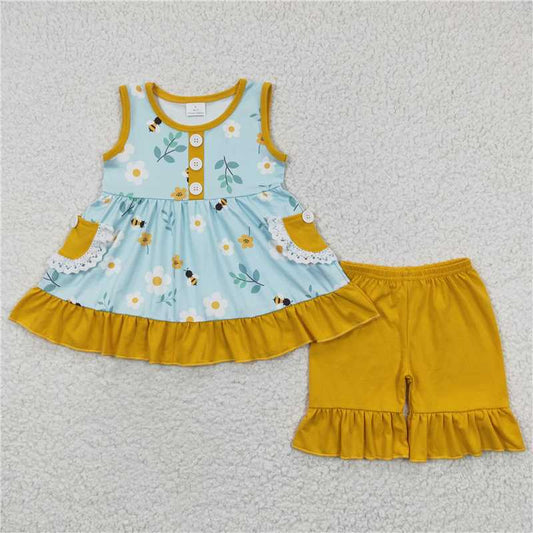 girls outfits floral tops & shorts sets with pockets summer kids clothes