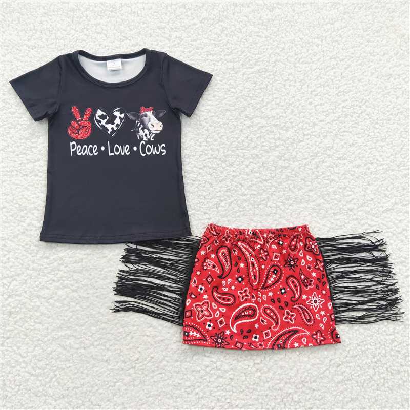 peace love cows t-shirt & tassel dress girls outfits half skirt suits kids clothes