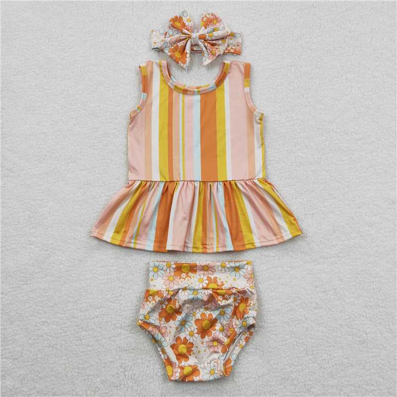 Girls baby outfits summer stripe vest & floral bummies