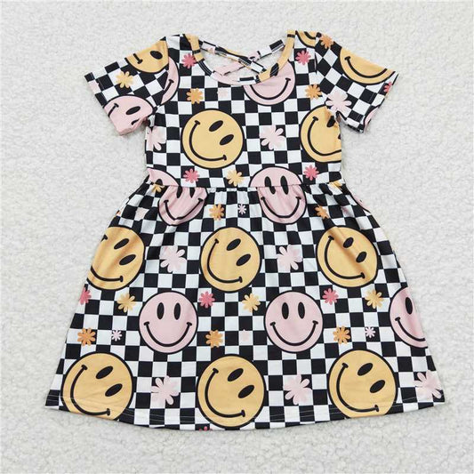 Plaid smiley face floral girls dress short sleeve kids skirts