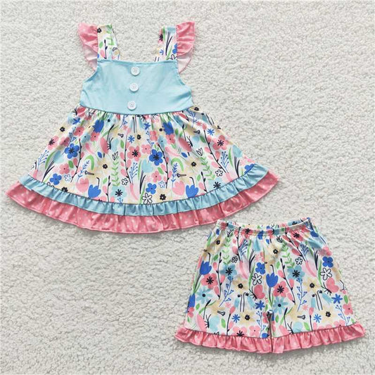 girls outfits flower tops & shorts sets summer kids clothes