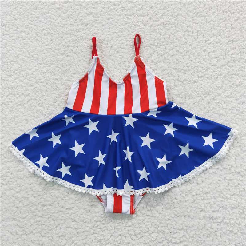 S0091 Girls National Day Stars and Stripes Suspender One-Piece Swimsuit