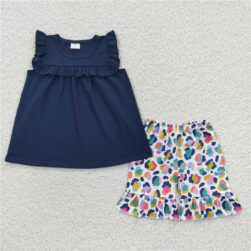 girls outfits navy tops & leopard shorts sets summer kids clothes