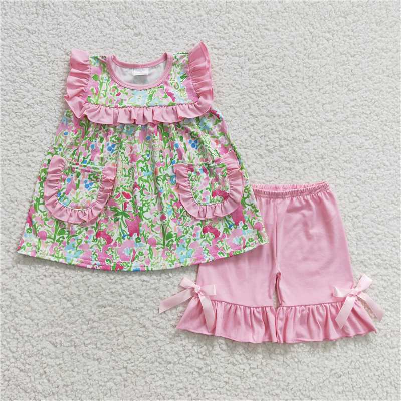 floral girls outfits with pockets tops & shorts sets summer flower kids clothes