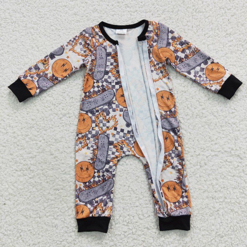 long sleeve jumpsuits skateboard smiley face zipper romper kids clothes