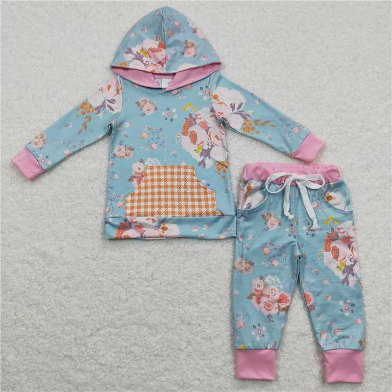 floral girls winter hooded sets hoodie top & pants kids outfits