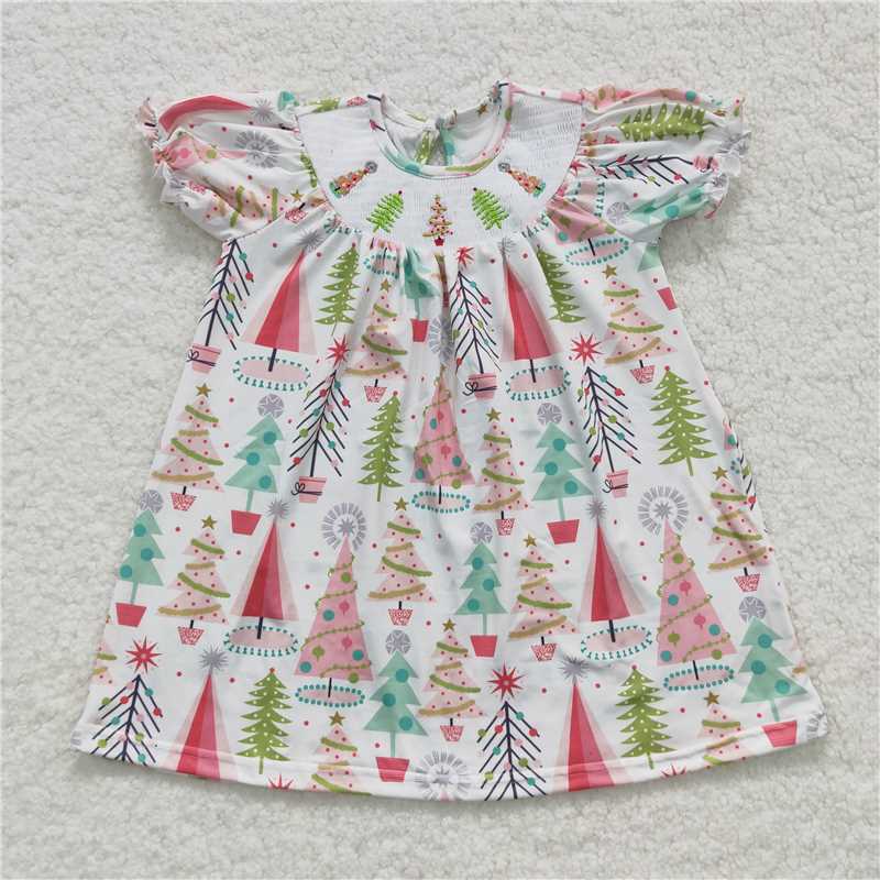 GSD0440 Smocked embroidered Christmas tree white short-sleeved dress