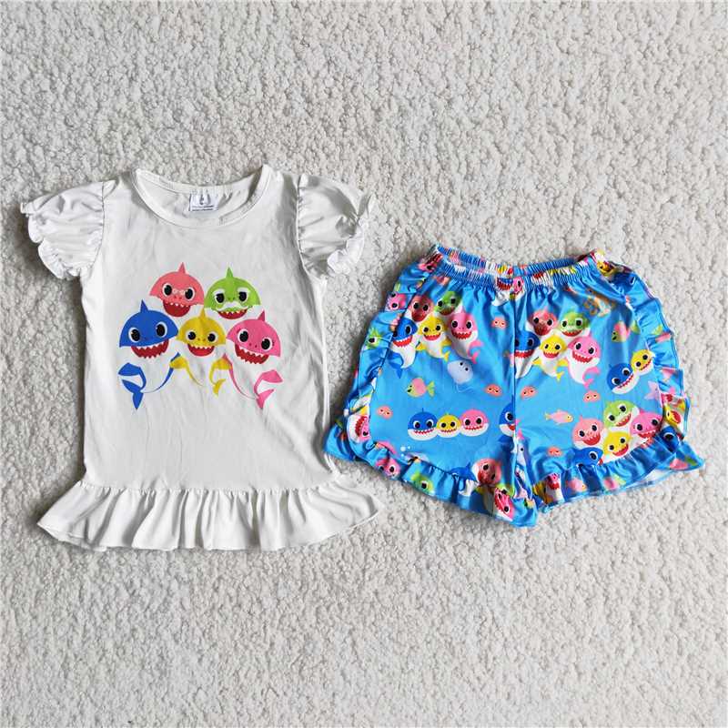 girls outfits baby sharks top & shorts sets summer kids clothes