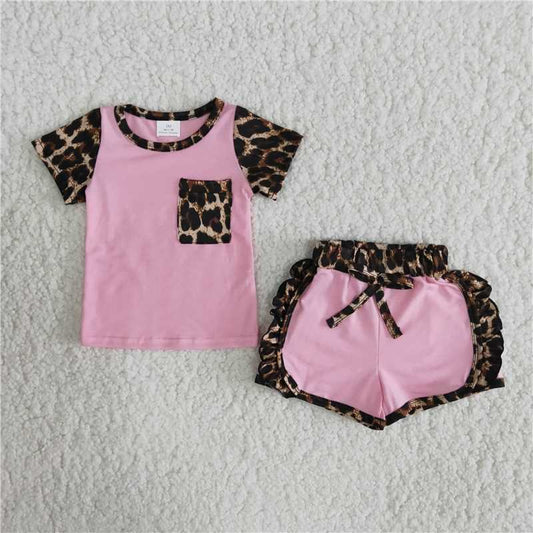 girls outfits leopard pockets tops & shorts sets summer kids clothes