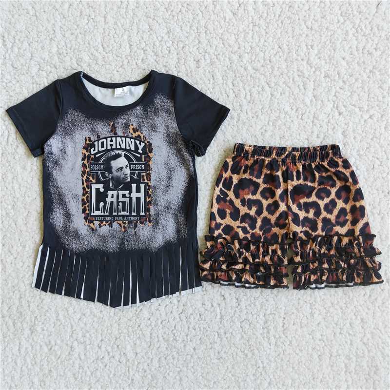 girls outfits cash t-shirt & tassel leopard shorts sets summer kids clothes