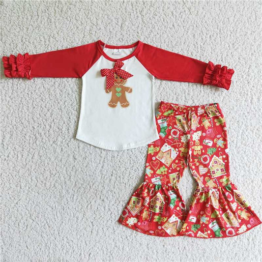 Christmas gingerbread girls outfits shirt & bell fall winter sets kids clothes