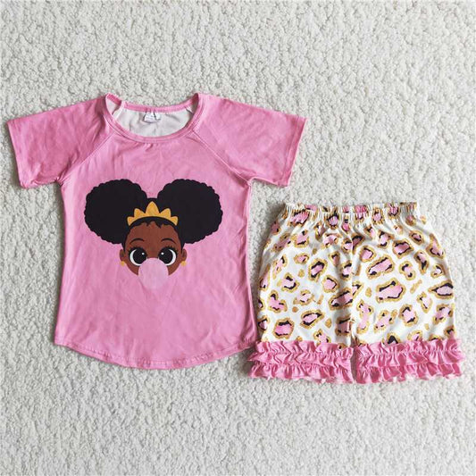 summer girls outfits black girl blowing bubble gum t-shirt leopard shorts kids clothes