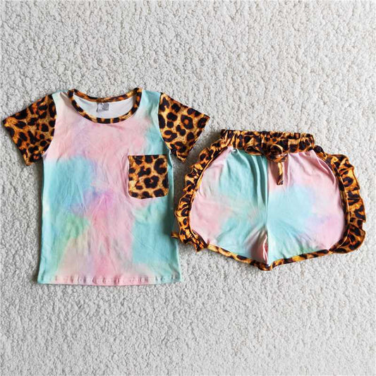 girls outfits leopard pocket tie dye t-shirt & shorts sets summer kids clothes