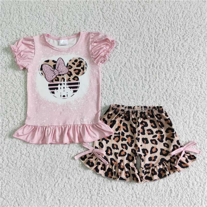 girls outfits cartoon mouse t-shirt & leoprad shorts sets summer kids clothes