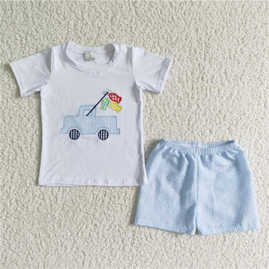 BSSO0018 Baby Boys fishing seersucker summer shorts sets