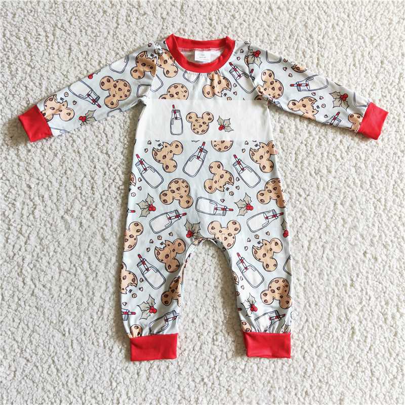 cookie milk long sleeve Christmas boys rompers with hidden button