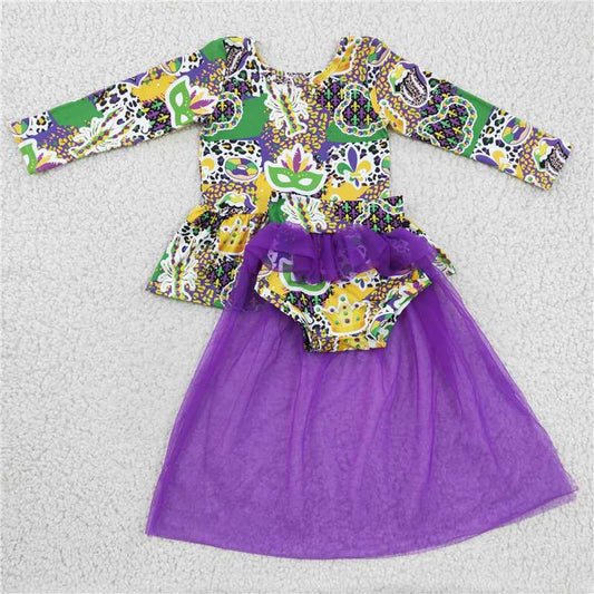 GLD0153 Girls Carnival Mask Long Sleeve Purple Mesh Skirt Set