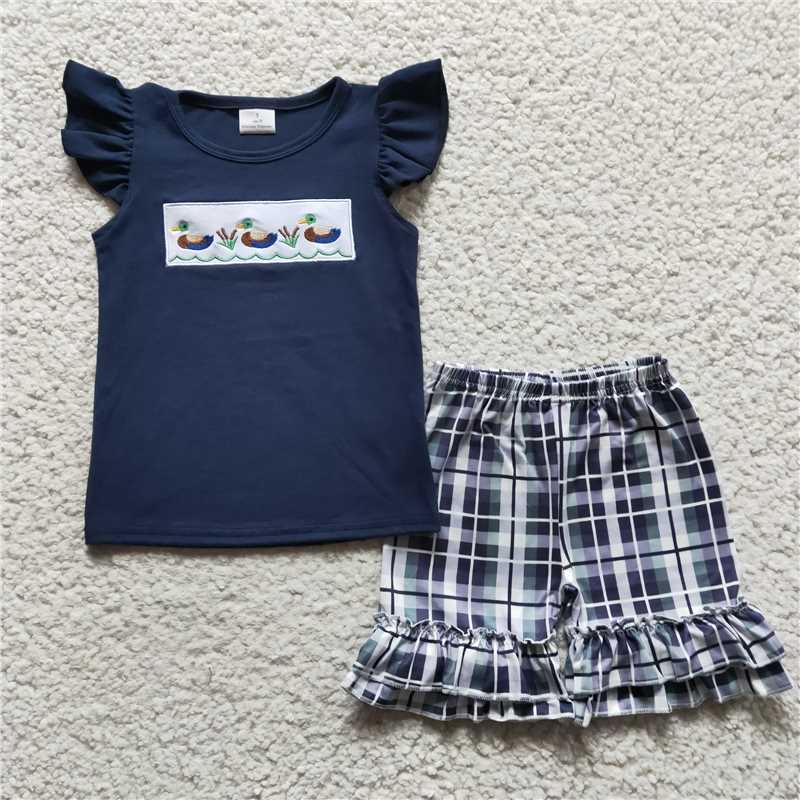 summer girls outfits embroidery Duck t-shirt & shorts kids clothes