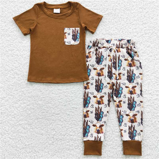 BSPO0107 Boys Cactus Bull Head Brown Pocket Short Sleeve Long Pants Set