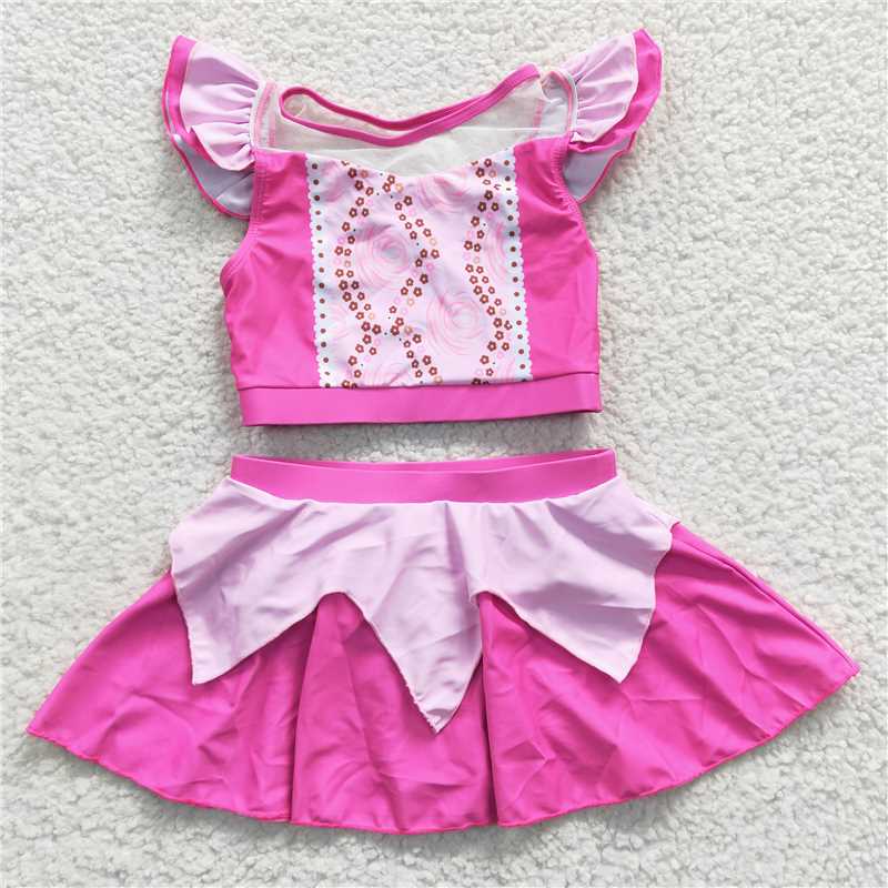 S0146 Pink Short Sleeve Skirt Swimsuit Set