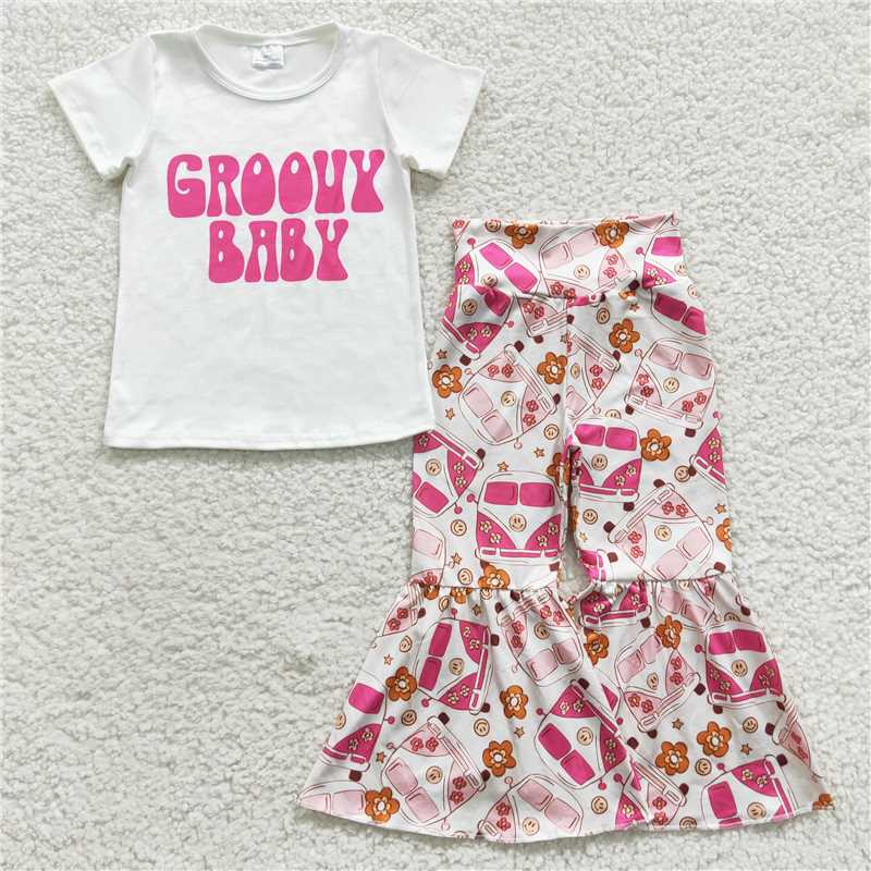 hippie smiley face girls t-shirt & bell pants outfits groouy baby kids clothes