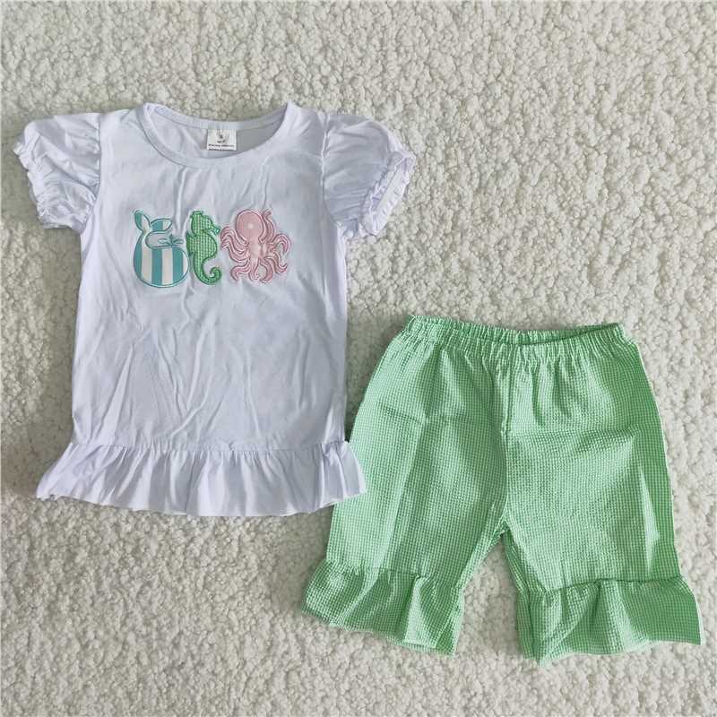 summer girls outfits embroidery octopus t-shirt & shorts kids clothes