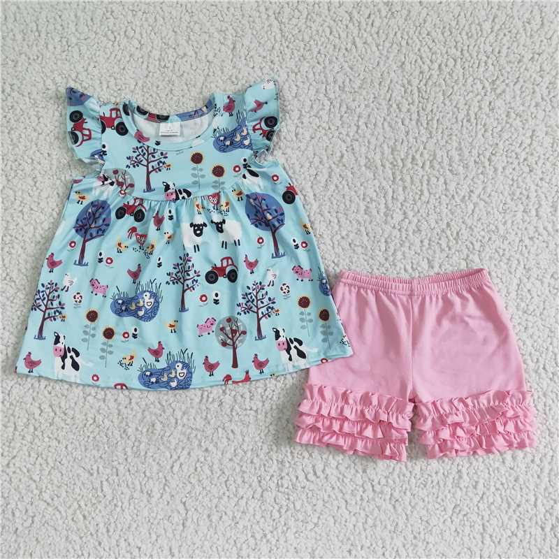 girls outfits farm t-shirt & pink shorts sets summer kids clothes