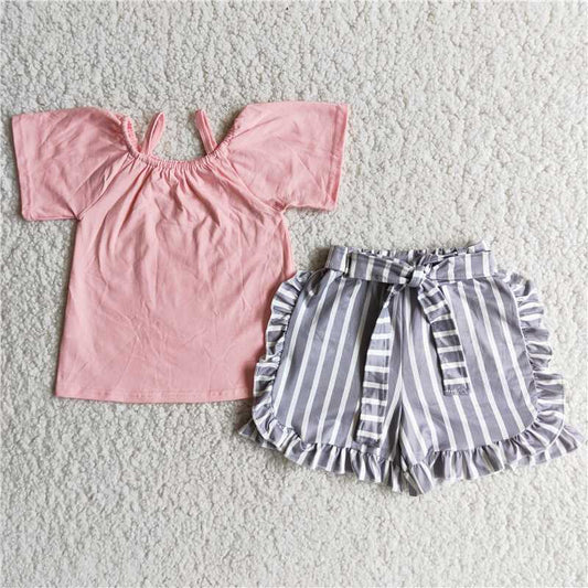 girls outfits pink top & gray stripes shorts sets summer kids clothes